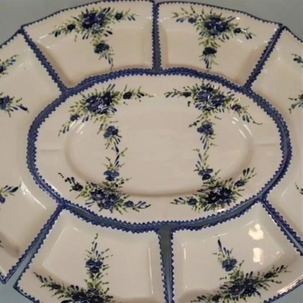Vintage Tidbit Tray 7 Pc XL Dish Set White Blue Flowers Hand Painted Greece